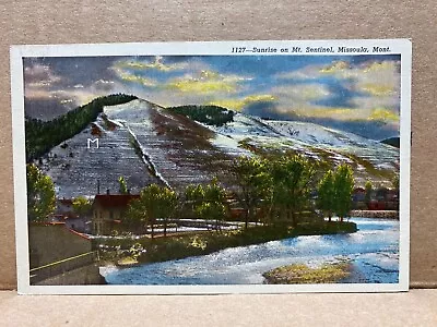 Sunrise On Mt. Sentinel Missoula Montana Linen Postcard No 1330 • $4.80