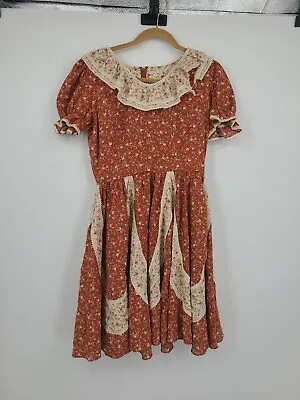 Vintage Homemade Prairie Dress  Autumn Colors Full Skirt Mini Dress Large • $62.99