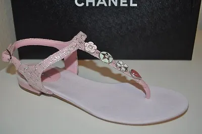NIB CHANEL 17C Pink Silver Tweed Thong CC Log Charm Slide Sandal Flat EUR 37.5 • £655.40