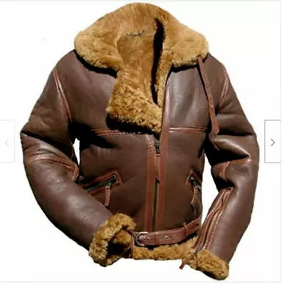 Mens Fur Shearling Jacket B3 RAF Aviator Brown Bomber Real Sheep Leather Jackets • $179