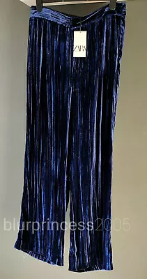 ZARA Mulberry Silk Blend Wide Leg Velvet Trousers Midnight Blue XL M S Flowing • £44.10