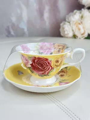 STECHCOL Gracie Bone China Roses & Butterfly Set Footed Tea Cup & Saucer NEW • $35.99