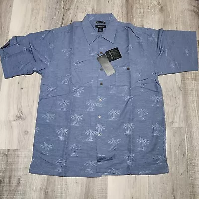 Bruno 100% Silk Hawaiian Shirt Mens Large Blue Palm Leaf Blue Vintage 80s NWT • $17.99