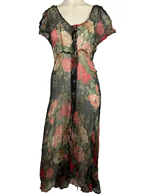 Vintage 90s Does 30s Sheer Floral Dress Rayon Chiffon Georgette Garden Party • $49.99
