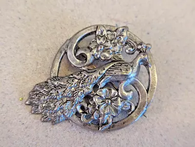 VTG Silver Plated Copper Detailed Peacock With Floral Accents Brooch Pin • $12