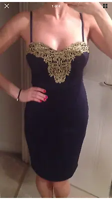 £29.99 • Buy Lipsy Bodycon Pencil Dress 16 Navy Blue Gold Lace Wiggle Evening Party Wedding