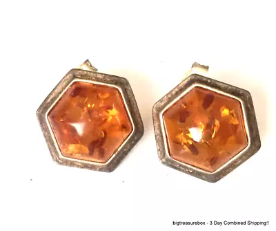 Vintage Earrings STERLING SILVER Pierced Stud Baltic Amber Jewelry Lot Y 925 • $0.99