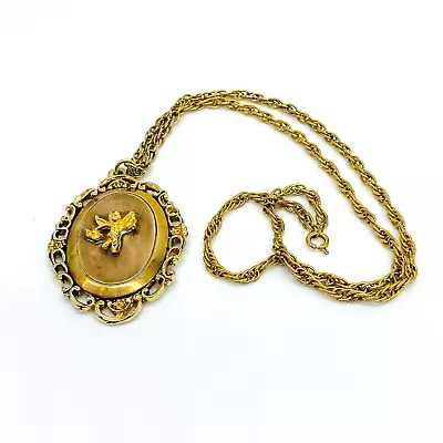 Vintage Mirror Pendant Necklace Gold Tone Angel Emblem • $14.97