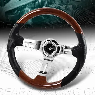 343mm Classic Dark Wood Grip Leather W-power 4  Deep Dish Spokes Steering Wheel • $95.95