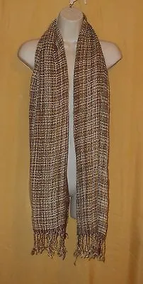 Feather Weight Women's Brown Ivory Fringed Cotton Blend Neck Scarf Wrap O/S $55 • $25