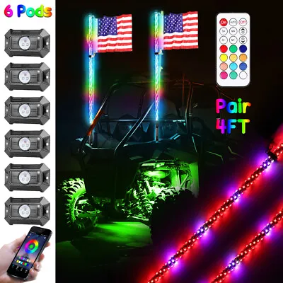 6-Pods RGB LED Rock Light W/2X4FT Whip Light For Polaris RZR ATV UTV Bluetooth  • $169.99