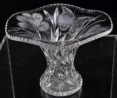 £19.34 • Buy Antique Heavy Cut Crystal Butterfly And Chrysanthemum 5 Inch Flared Vase