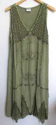 L.S.I. Olive Green Sleeveless Asymmetrical Dress W/Embroidery Applique Size M-L • $26