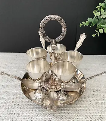 Antique Mappin And Webb Sheffield Silver Plated Egg Cups And Spoons Set Of 5 • $150