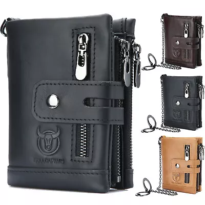 £16.99 • Buy Men Wallet With Chain Genuine Leather RFID Zip Biker Bifold Coin Pocket Purse