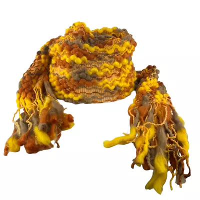 Women's Handmade Knit Crochet Mustard Yellow Red Green Scarf With Fringe US OS • $27.30