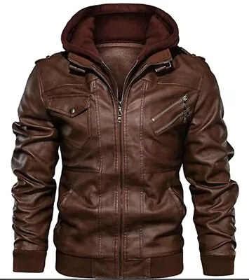 Men's Leather Jacket Bomber Hoodie Brown Biker Jacket Genuine Leather • $139.95