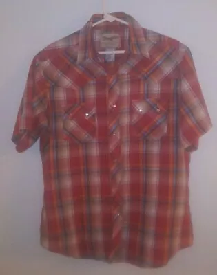 Wrangler Mens Medium Short Sleeve Pearl Snap Red Plaid Western Sparkle Shirt • $21.99