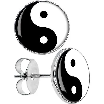 Ying Yang Yin Yan Black & White Earring Disc Ear Studs One Pair Surgical Steel  • £4.39