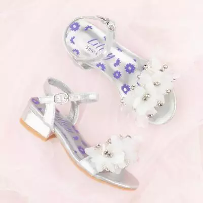 Kids Girls Metallic Silver Flowers Buckled Heeled Sandals By Lilley Sparkle SIZE • £9.99