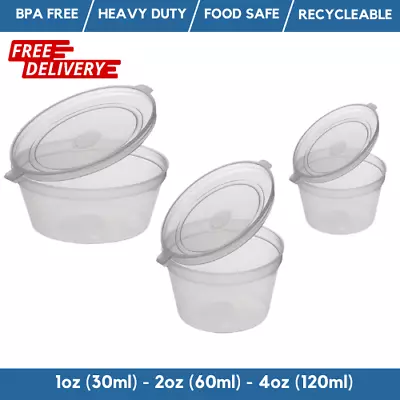 Round Hinged Sauce Pot Containers 1oz 2oz 4oz Hinged Deli Pots Takeaway Pots • £10.49