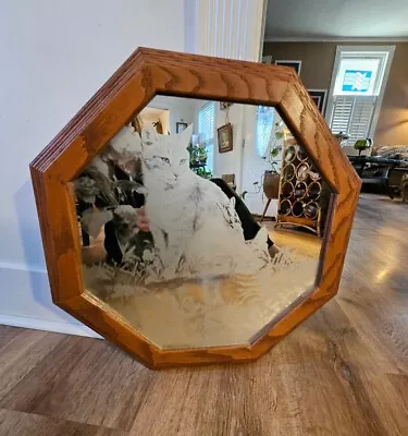 Vtg Mirror With Frosted Cats Octagon Wooden Oak Frame Wall Mirror 19 X19  • $40