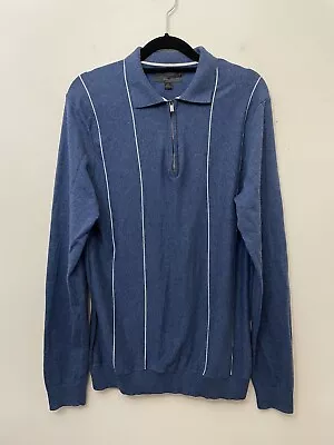 Marks Spencers Mens 1/4 Zip Top Cotton Blend Striped Blue Small • £9