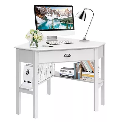 Triangle Computer Desk Corner Office Desk Laptop Table W/ Drawer Shelves White • $129.95