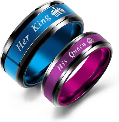 Set Of 2 Matching King And Queen Couple Rings Set Wedding Engagement Band Stainl • $23.74
