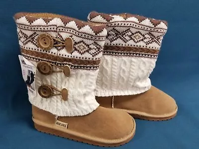 MUK LUKS Cheryl Fur Lined Boots Camel Geo Cable Faux Suede Slip On Boots Size 6^ • $9.59