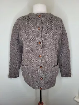 Women's Irish Wool Cable Knit Fishermens Cardigan Sweater Brown M • $39