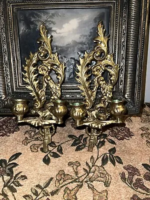 Pair Of Vtg. Antique Double Candle Wall Sconces Solid Brass • $185