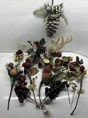 Vintage Mix Lot Of Christmas Picks Floral Pine Cones Glitter Fruit Walnuts Decor • $29.98