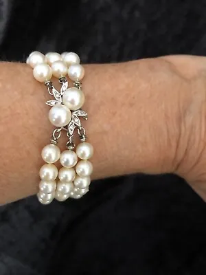 Vintage 3 Strand Cultured Pearl & Diamond Bracelet 7.5 Inches  6.5mm-7mm Diam • $1199.95