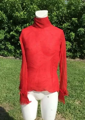 ZANG TOI RED SILK RAW EDGE CUFF LONG SLEEVE ZIPPER BACK BLOUSE TOP Sz 10 NWT • $149.99