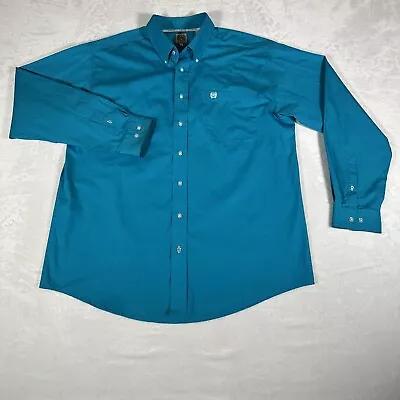 Cinch Men Button Down Shirt Long Sleeve Front Pocket 100% Cotton Blue Size L • $26