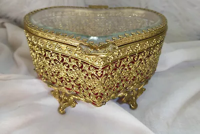 Vintage Ormolu Filigree Heart Shape Beveled Glass Jewelry Box W/ Velvet Lining • $35