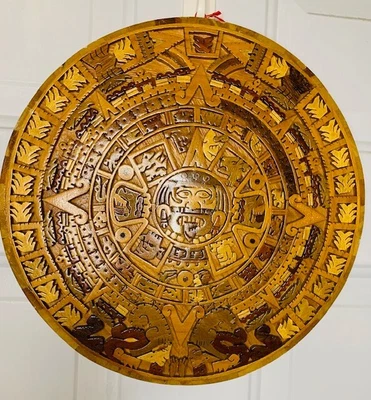 $40 • Buy Beautiful Aztec Calendar Hand Carved Wood Mosaic Folk Art 12.5”