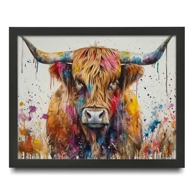 Watercolour Splash Art Highland Cow Wall Art Colourful Cow Print Framed Picture • £5.99