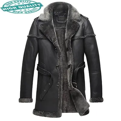 Men's Sheepskin Shearling Long Coat Retro Leisure Bomber Real Leather Overcoat • $186.95