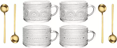 Vintage Glass Coffee Mugs 14 Oz Set Of 4 Embossed Glass Cups For Tea Coffee Mug • $44.39
