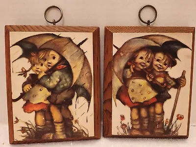 2 Vintage Hummel Dancing The Rain Childrens Wooden Rectangular Wall Plaque • £18.99