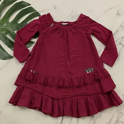 Naartjie Kids Girls Dress Size S 4 Dark Pink Ruffle Trim Long Sleeve Eyelet • $17.99