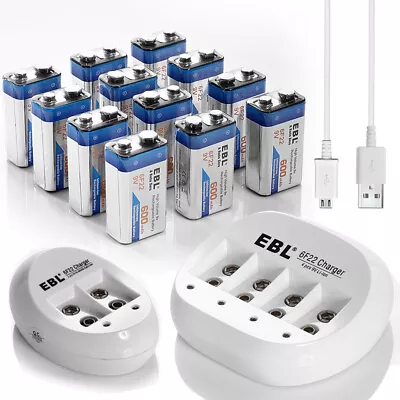 £9.99 • Buy EBL 9V Li-Ion Rechargeable Batteries 9 Volts 6F22 600mAh Lithium Battery Lot