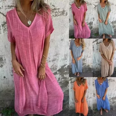 Women Long Dress Short Sleeve Maxi Dresses Ladies Sexy Cotton Linen Holiday • $39.59