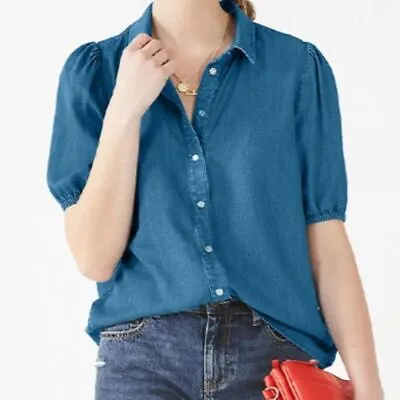 Hush Dion Denim Shirt Womens Ladies Puff Short Sleeve Top Light Blue Size 4-16 • £25