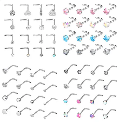 16pcs Silver Stainless Steel CZ Opal Nose Ring Studs 20G L Shaped Body Piercing • $8.99