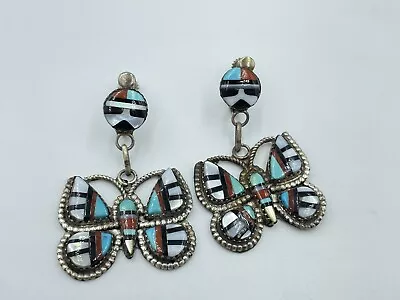 Vintage Zuni Signed Zuni Multi Stone Inlay Butterfly Drop Dangle Clip Earrings • $149.99