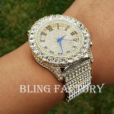 Men Hip Hop Iced Bling Gold PT Rapper's Lab Diamond Urban Metal Offset Watch • $27.99