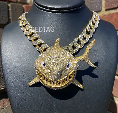 Big Shark Gold Plated Alloy Hip Hop Iced Bling Out Pendant & 18  Necklace Chain • $22.79